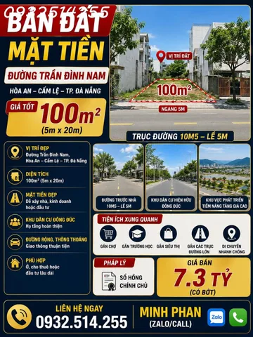 Chính chủ bán đất Trần Đình Nam  đường 10m5 - Hoà An Cẩm Lệ - Giá 7 tỷ 2 - LH 0932514255