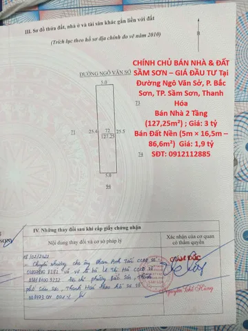 CHÍNH CHỦ BÁN NHÀ & ĐẤT SẦM SƠN – GIÁ ĐẦU TƯ Tại Đường Ngô Văn Sở, P. Bắc Sơn, TP. Sầm Sơn, Thanh Hóa