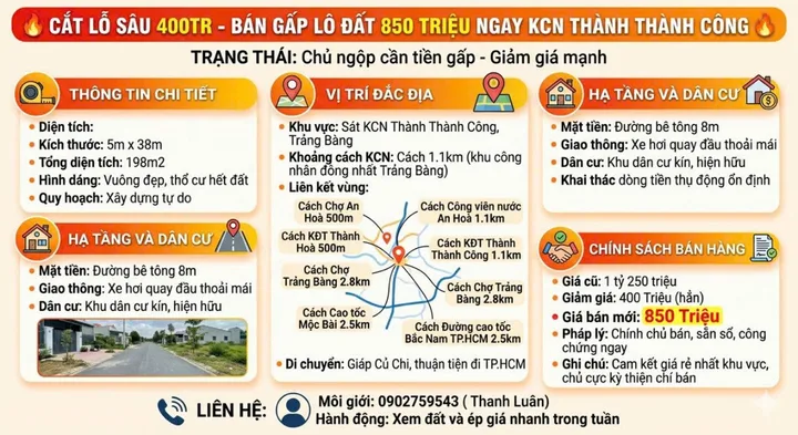 🔥 Cắt lỗ 400 triệu – bán gấp 198m2 đất ngay Khu công nghiệp Thành Thành Công giá bán  850 triệu