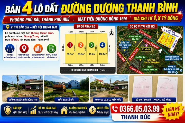 🔥 GIÁ CHỈ TỪ 1,X TỶ ĐỒNG – SỞ HỮU NGAY ĐẤT MẶT TIỀN ĐƯỜNG 15M TẠI PHÚ BÀI, TP HUẾ 🔥