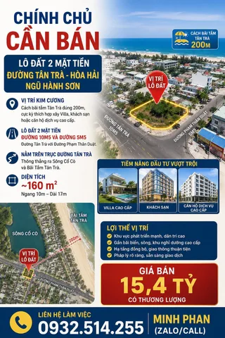 Lô Đất 2 Mặt Tiền Vip Khu Tân Trà - Đương 10m5 - 160m2 - Giá chỉ nhỉnh 15 tỷ -Ngũ Hành Sơn.
