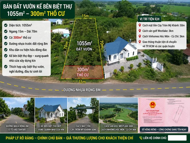 1055m2 đất có 300m2 thổ 15x70m cách ql22 2km, đường nhựa 8m cây trôm-mỹ khánh