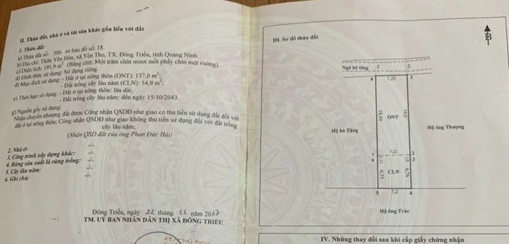 Cần bán 191.9m2 đất Yên Thọ, Đông Triều, Quảng Ninh