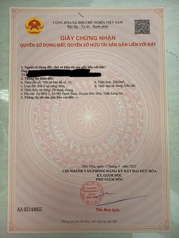 Bán đất thổ cư 100%, 10*26m, gần chợ Mỹ Hạnh Nam, Đức Hoà, Long An