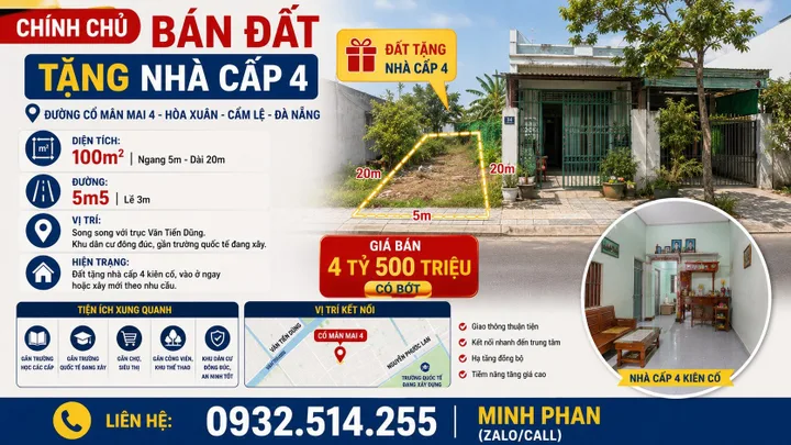 Chính chủ cần bán đất đường Cổ Mân Mai 4 - Hoà Xuân Cẩm Lệ - Tặng Nhà cấp 4 - Giá chỉ nhỉnh 4 tỷ