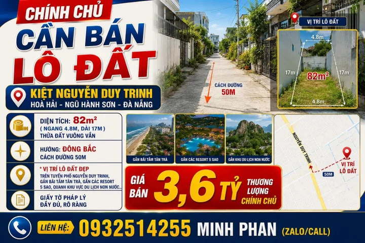 Bán Đất Kiệt ô tô Nguyễn Duy Trinh - Ngũ Hành Sơn - Ngang 5m - 82 m2 - Giá chỉ 3.6 tỷ