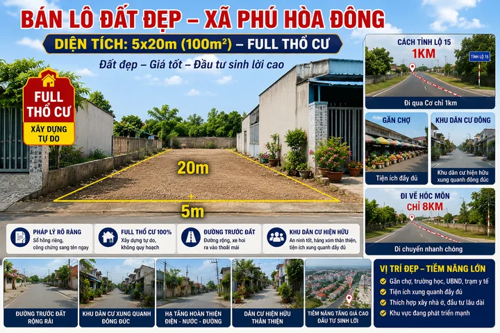 CÒN 2 LÔ 5X20M2 THỔ FULL GIÁ 1.4 TỶ K PHÁT SINH, BAO PHÍ SANG TÊN, CC NGAY, TL15 XÃ PHÚ HÒA ĐÔNG