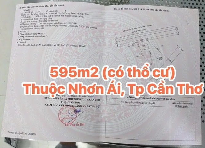 Bán đất 595m² có sẵn 122m² thổ cư ngang 10m giá 1.5 tỷ tại Xã Nhơn Ái, Cần Thơ
