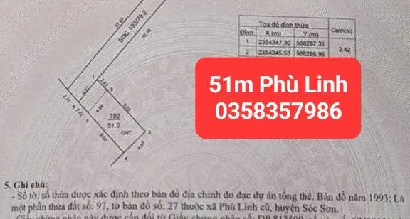 Bán đất 51m² có sẵn 40m² thổ cư ngang 4.57m giá 1.6 tỷ tại Xã Sóc Sơn