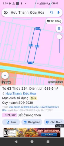 Bán đất 689.6m² ngang 11m giá 9.5 tỷ xã Hựu Thạnh (cũ), nay là xã Đức Hòa