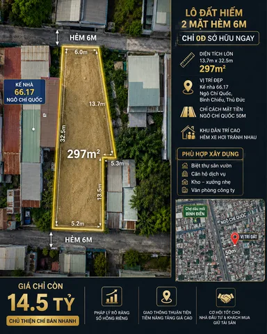 BÁN ĐẤT ĐƯỜNG NGÔ CHÍ QUỐC, BÌNH CHIỂU - 300m2 - GIÁ 14.5 TỶ TL