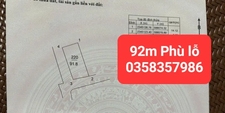 Bán đất 91.8m² full thổ cư ngang 6.7m giá 4.05 tỷ tại Xã Sóc Sơn