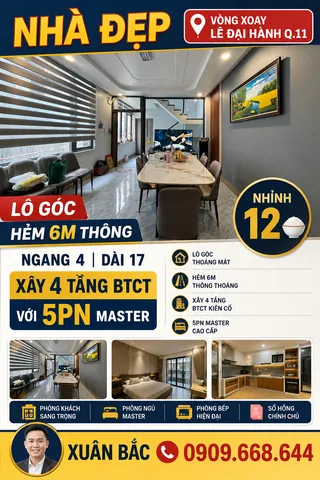 VÒNG XOAY LÊ ĐẠI HÀNH Q.11 CĂN GÓC KHÔNG LỘ GIỚI NGANG 4 DÀI 17 KẾT CẤU 4 TÂNG