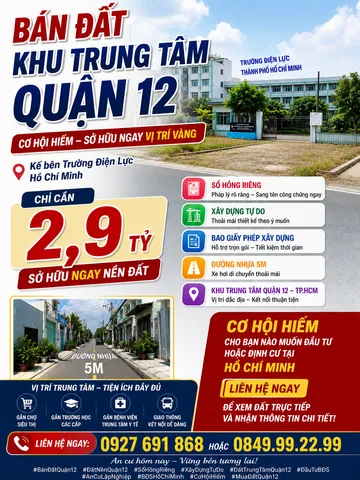 Ai chưa có đất Sài Gòn, chỉ 2,9ty ngay TT Q12, bên trường Điện Lực HCM