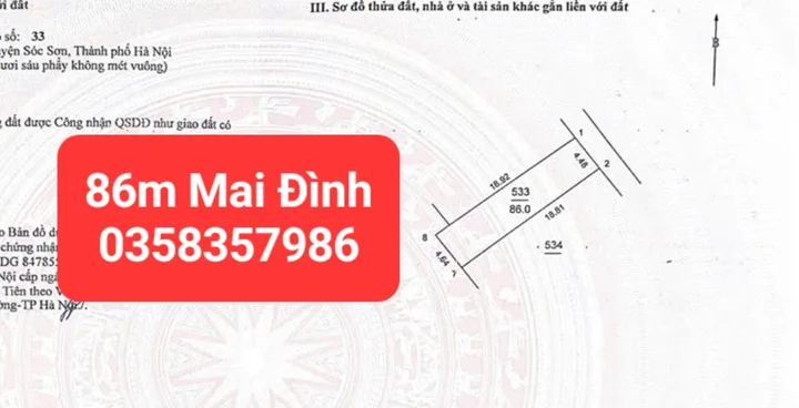 Bán đất 86m² full thổ cư ngang 4.64m giá 3.2 tỷ tại Xã Sóc Sơn