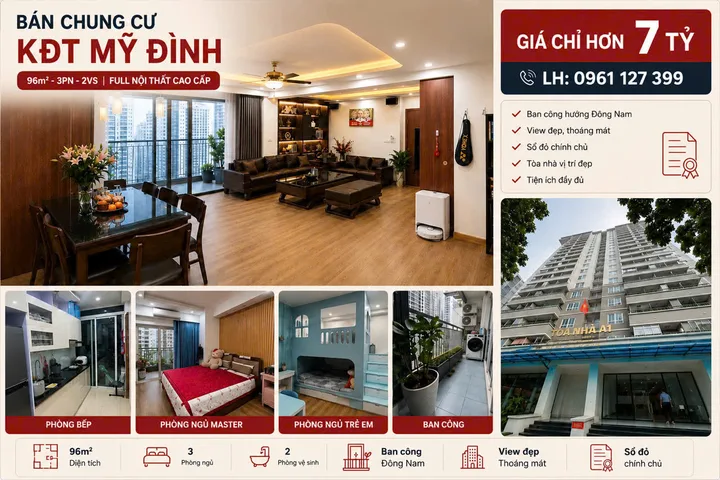 Bán chung cư A1 Nguyễn Cơ Thạch 96m 3pn 1 phòng thờ full đồ ban công ĐN view giá 7,58 tỷ