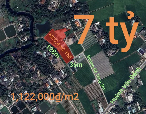 Bán đất 6237.4m² full thổ cư ngang 36m giá 7 tỷ tại Xã Vàm Cỏ