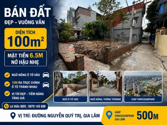 Chủ thiện chí bán 100m2 Mt 6.5m Nguyễn Quý Trị, Kiêu Kỵ. Ngõ 2.5m 1 nhà ra trục chính thôn Kiêu Kỵ