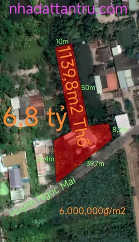 Bán đất 1139,8m² có sẵn 497m² thổ cư ngang 39,7m giá 6.8 tỷ tại Phường Long An
