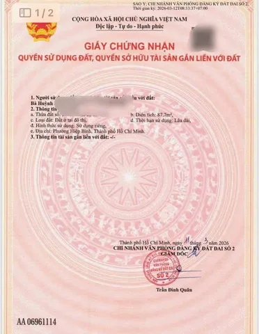 87m đất 7tỷ2 phường Hiệp Bình Chánh - hẻm Ô Tô Đường 26 . Sổ riêng không quy hoạch