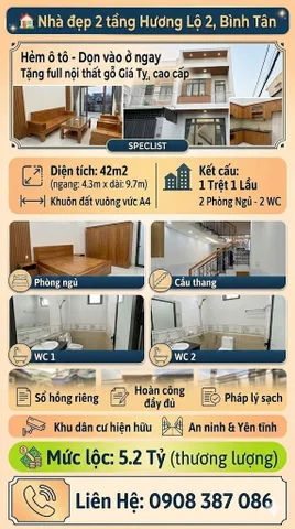 HXH, Hương Lộ 2, Bình Tân, 4.3x9.7m, full nội thất, nhà mới ở ngay, Nhỉnh 5ty