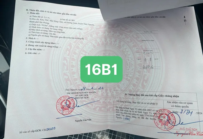05.2026. Bán lô 16b01. tái định cư b. 99m² full thổ cư ngang 6,6m giá 7.5 tỷ , mặt đường 36m. tại Phường Thủy Nguyên.  Dương Quan. liên hệ 0362558882