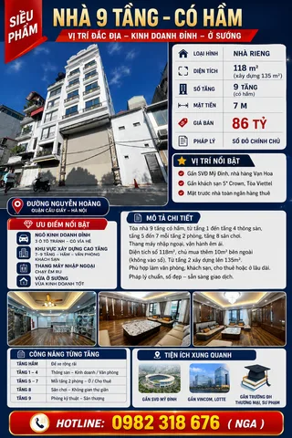 🏢 SIÊU PHẨM TÒA NHÀ 9 TẦNG CÓ HẦM – NGUYỄN HOÀNG – CẦU GIẤY
💎 DT 118/135m² – MT 7m – 9 Tầng – Thang Máy – 3 Ô Tô Tránh – Vỉa Hè – Kinh Doanh Đỉnh
💰 Giá 86 Tỷ | Sổ Đỏ Chính Chủ | Phù Hợp Văn Phòng – Khách Sạn – Apartment Cao Cấp