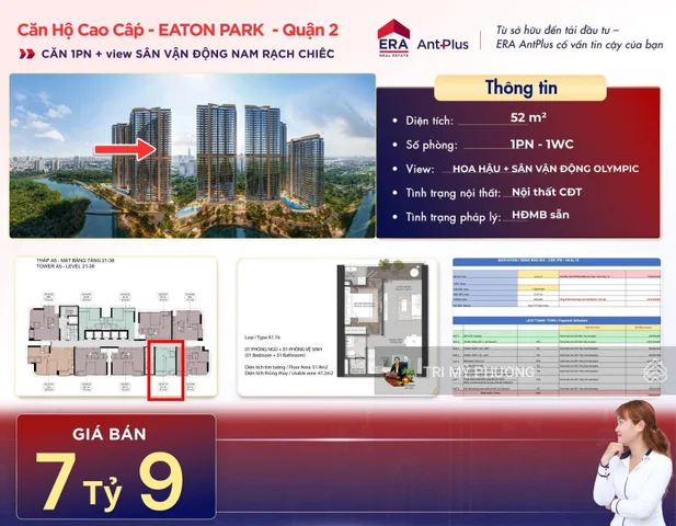 Eaton Park - Bán căn 1PN "khách tìm mua nhiều nhất" - Tháp A5.2x. 10 + view Rạch Chiếc + tầng thoáng