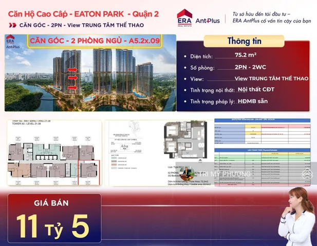 Eaton Park - Bán Căn góc 2PN - công chứng, sang tên ngay + tháp A5 view Rạch Chiếc, Quận 2