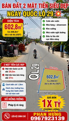 🏡 BÁN ĐẤT 2 MẶT TIỀN SIÊU ĐẸP – NGAY QUỐC LỘ 29 💥

📍 Khu phố Phú Hòa, phường Hòa Hiệp, TX Đông Hòa
🌊 Cách biển chỉ khoảng 1,5km
🏫 Cách chợ, trường học, trung tâm hành chính chỉ vài trăm mét
📐 Diện tích: 602,8m²
🏡 Có 208,8m² đất ở đô thị (ODT)
🌿 Còn