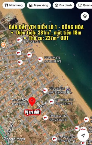 BÁN ĐẤT VEN BIỂN LÒ 1 - ĐÔNG HÒA, PHÚ YÊN
•  Diện tích: 381m², mặt tiền 18m
•  Thổ cư: 227m² ODT, sổ hồng riêng 
•  Vị trí: KP Phú Thọ 1, TT Hòa Hiệp Trung, cách biển 280m
•  Pháp lý: Sạch, công chứng ngay
💰 Giá: 17triêu/m2 (thương lượng)
📞 LH:09679
