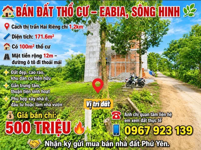 🏡 BÁN ĐẤT THỔ CƯ – EABIA, SÔNG HINH 🌿

📍 Cách thị trấn Hai Riêng chỉ 1.2km
📐 Diện tích: 171.6m²
🏡 Có 100m² thổ cư
🛣️ Mặt tiền rộng 12m – đường ô tô đi thoải mái

✨ Đất đẹp, cao ráo, khu dân cư hiện hữu
✨ Gần trung tâm, thuận tiện sinh hoạt
✨ Phù 
