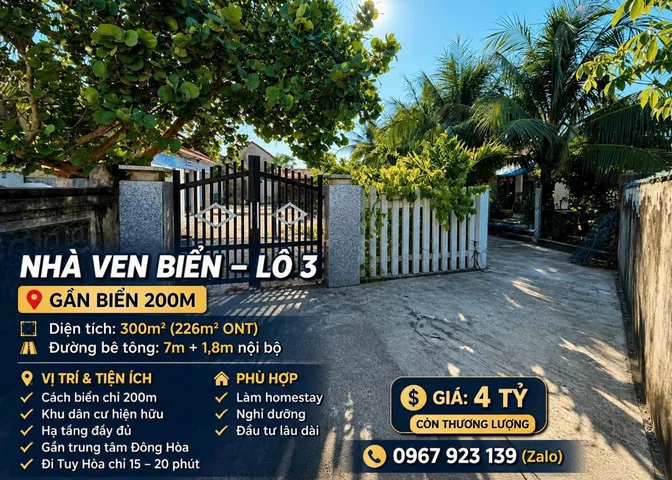 🌊 NHÀ VEN BIỂN LÒ 3 – GẦN BIỂN 200m

📐 300m² (226m² ONT)
🚗 MT bê tông ~10m + 18m nội bộ

📍 Vị trí đẹp, cách biển 200m
🏘️ Khu dân cư hiện hữu, hạ tầng đầy đủ

🏡 Hợp làm homestay, nghỉ dưỡng

📈 Gần trung tâm Đông Hòa – đi Tuy Hòa 15–20p

💰 4 tỷ 