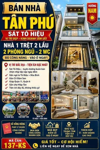 - Nhà 1 trệt 2 lầu, 2 phòng ngủ, 2wc, đủ công năng - Lý Thánh Tông - Tân Phú