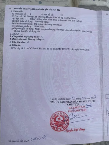 BÁN ĐẤT CỦ CHI – MẶT TIỀN ĐƯỜNG ĐẤT, DIỆN TÍCH 598m² – GIÁ 2.2Tỷ