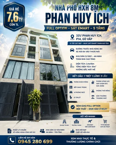 GẤP!BÁN NHÀ HXH 8M PHAN HUY ÍCH P14 3.5X15 CN 51M2 FULL OPTION 5T 4PN SÁT EMART GIÁ 7,6 TỶ TL