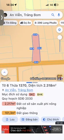 Bán đất SKC 2318m² full skc đóng tiền hằng năm ngang 29m giá 11.5 tỷ tại Xã An Viễn