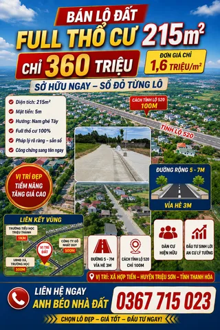 🔥 CHỈ 360 TRIỆU SỞ HỮU NGAY LÔ ĐẤT FULL THỔ CƯ 215M² 🔥