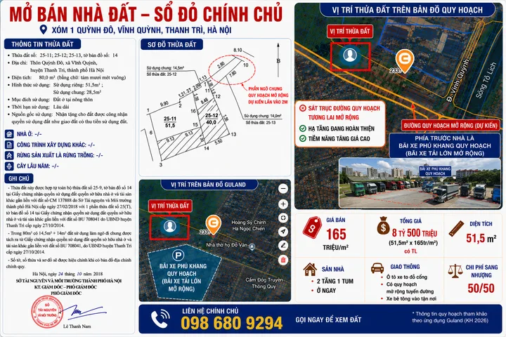 Chính Chủ ,Bán Nhà Đất ,QUỲNH ĐÔ - VĨNH QUỲNH 51,5m ô tô đỗ cổng nhà .8tỷ500