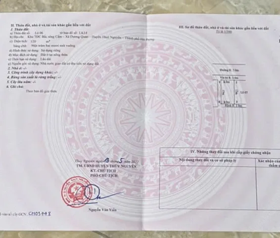 05.2026.Bán lô 06lk14. tái định cư.120m² full thổ cư ngang 8m. đường rộng 13m. giá 6.55 tỷ tại Phường Thủy Nguyên( Dương Quan). liên hệ 0362558882