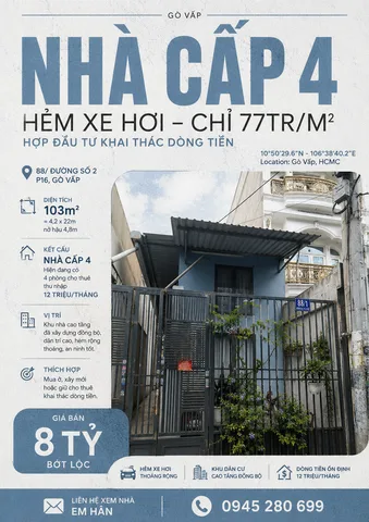 BÁN GẤP CHDV HXH 5M 88 ĐS 2 P16 4,2X22 CN 103M2 GẦN CHỢ XÓM MỚI, NHÀ C4 ĐCT 12TR/T GIÁ CHỈ 8 TỶ TL