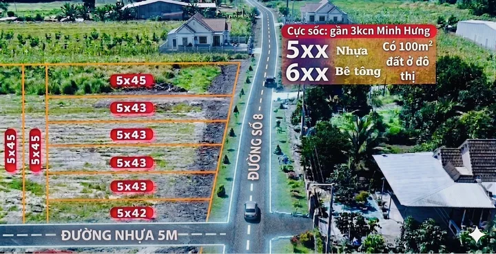 Sỉ 5 lô 5,5x40. Đất xây trọ sẵn thổ cư. Đường nhựa. Sát vách KCN Minh Hưng 3 - Chơn Thành - Bình Phước.