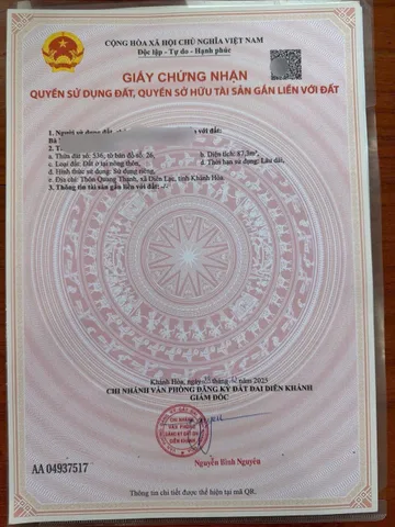 BÁN LÔ ĐẤT DIÊN LẠC , DIÊN KHÁNH . DT 87,3m2 , FULL THỔ CƯ . VỊ TRÍ ĐẸP . GIÁ 990 TRIỆU