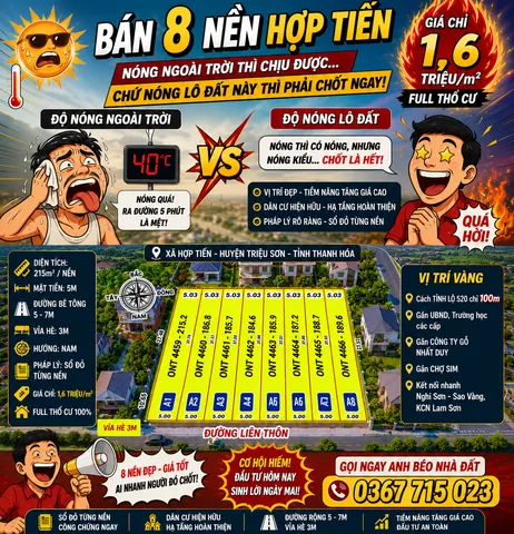 🔥 Thanh Hoá ngoài trời 40 độ…
Nhưng chưa nóng bằng 8 nền Hợp Tiến đang giá chỉ 1,6 triệu/m² 🔥