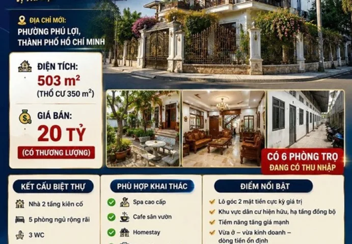 ⭐Chính chủ bán Biệt Thự góc 2MT 500m2 Phường Phú Lợi (Thủ Dầu Một, Bình Dương), Tp.HCM. 0962214131