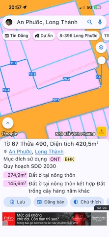 Bán đất 420m² có sẵn 240m² thổ cư ngang 37m giá 13.99 tỷ tại Xã An Phước