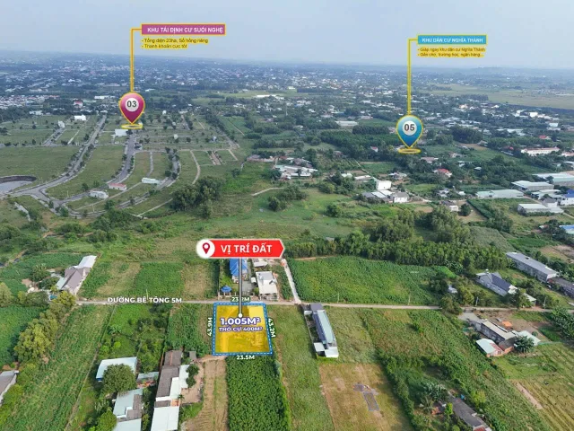 Bán đất 1000m² có sẵn 400m² thổ cư  Xã Nghĩa Thành - Gần KCN Sonaderzi