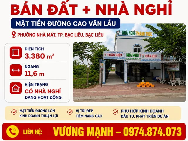 BÁN ĐẤT CÓ NHÀ NGHỈ MẶT TIỀN CAO VĂN LẦU, PHƯỜNG NHÀ MÁT, TP. BẠC LIÊU