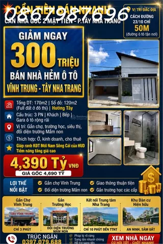 [SIÊU PHẨM CĂN GÓC] NHÀ MỚI ĐẸP ĐỐI DIỆN TRƯỜNG MẦM NON VĨNH TRUNG – TÂY NHA TRANG – ĐẤT 170M² – CÓ GARA Ô TÔ – GIÁ 4,39 TỶ