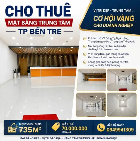 CHO THUÊ MẶT BẰNG KINH DOANH NGUYÊN CĂN VỊ TRÍ ĐẸP NGAY TRUNG TÂM TP. BẾN TRE (CŨ)